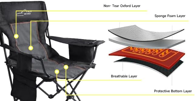 FAIR WIND Oversized Padded Camping Chair with Footrest Stool Set Heavy Duty Support 300 LBS Cooler Bag Chair - Black