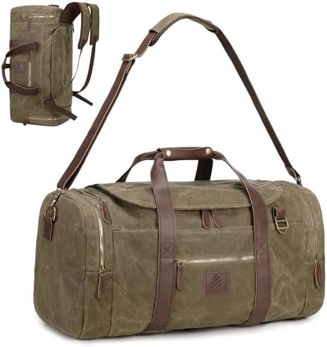 60L Duffle Bag for Men, Nomad Waxed Canvas Travel Duffel Bag Vintage Genuine Leather Travel Handbag Upgraded Weekender Overnight Backpack with Shoes Compartment (Vintage Black, X Large-60L)