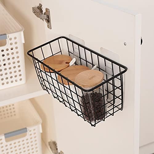 2 Set Hanging Wall Basket Organizer Over the Cabinet Door Wire Baskets for Organizing -No Drilling Adhesive Wall Storage Basket, Space-Saving Hanging Baskets for Organizing Wall Mount Storage,Black