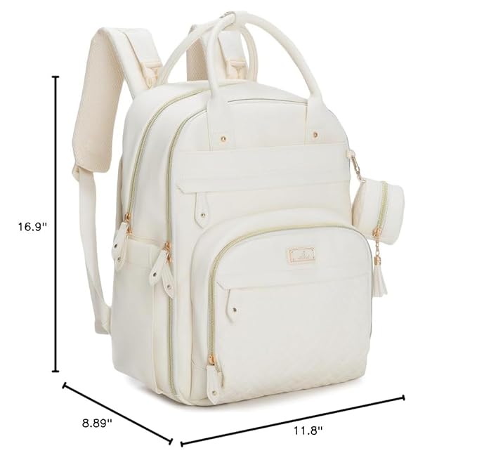 BabbleRoo Leather Diaper Bag Backpack - Baby Essentials Travel Baby Bag, Multi function, Water Resistant, with Changing Pad, Stroller Straps & Pacifier Case – Unisex, Eggshell White
