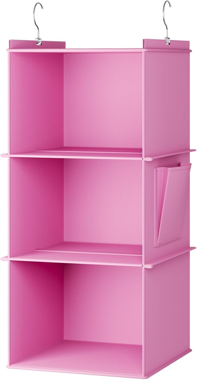 YOUDENOVA Hanging Closet Organizer, 3-Shelf Closet Hanging Storage Shelves, Light Pink