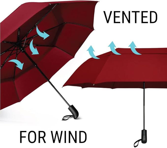 Vented Travel Umbrella | Strong Compact Windproof Umbrella | Top Pick by Wirecutter 2025 | Deep Dome Coverage | Auto Open/Close | Portable Pop Up with Large Coverage | Fits Car & Backpack