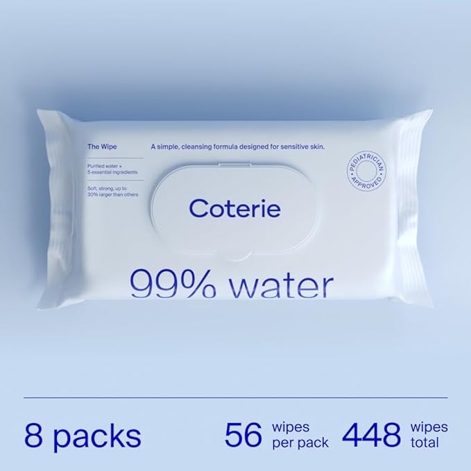 Coterie Baby Wipes for Sensitive Skin, Plant-Based and Plastic-Free Fibers, 99% Water, Hypoallergenic, pH Balanced, Unscented, Clean and Gentle Baby Essentials, 8 Pack, 448 Count
