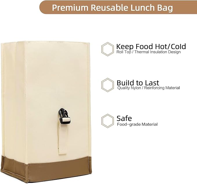 SUNNY BIRD Insulated Lunch Bag Rolltop Lunch Box Medium Lunch Cooler Tote for Women, Girls, Teens and Adults (White)