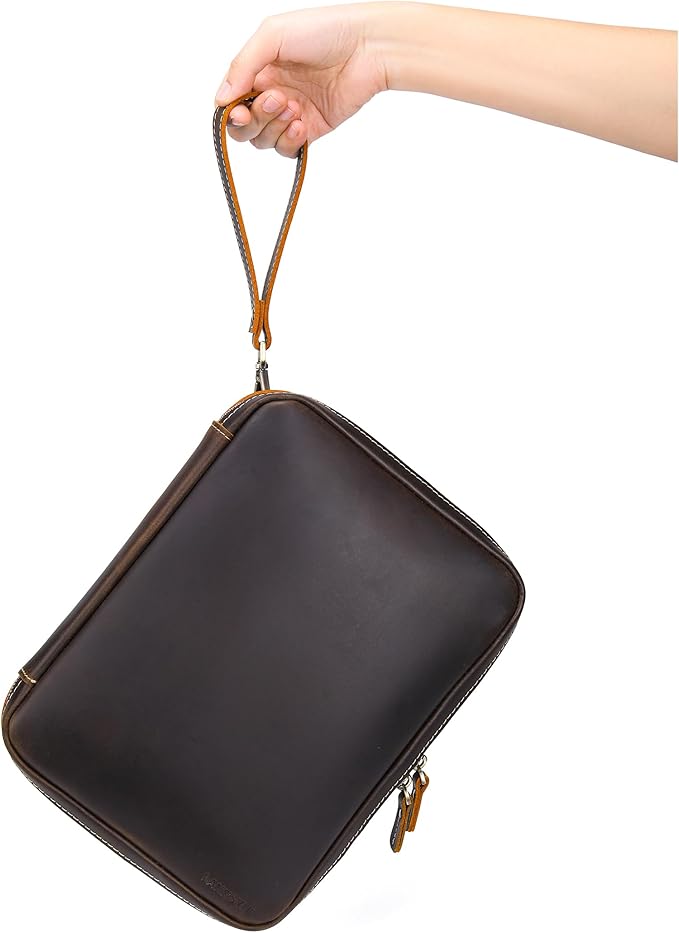 LANNSYNE Full Grain Leather Electronic Organizer Accessory Travel Tech Pouch, Cable Accessories Bag, Storage Carry Case for Charger, Phone, Power Bank, Cables