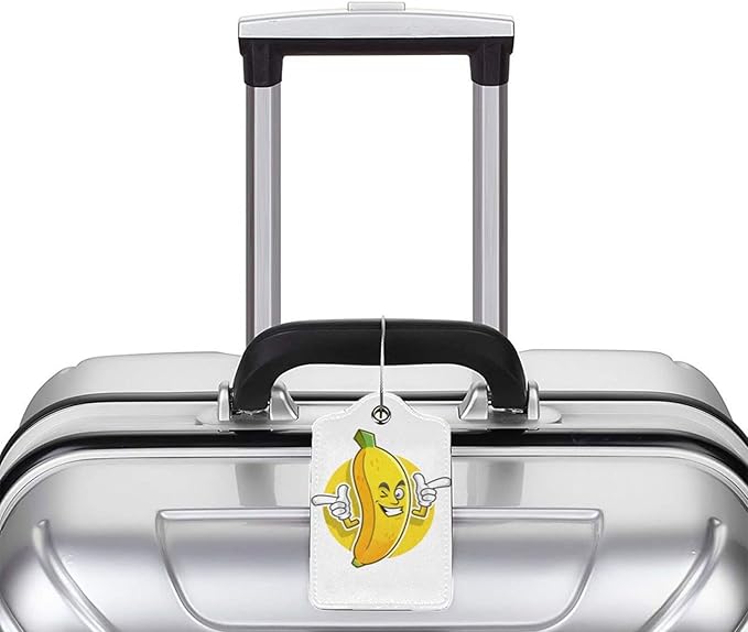 2 Packs Cute Banana Pattern Leather Luggage Tags Novelty Funny Cartoon Suitcase Labels Bag Tag Name ID Labels with Privacy Cover for Teen Kids Adult White Background