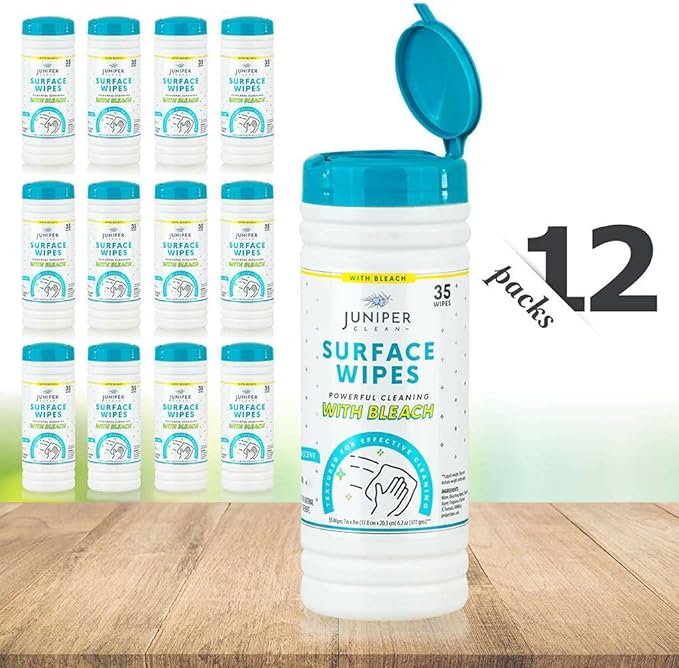 12 Pack Surface Cleaning Wipes with Bleach, All-Purpose Cleaner for Bathroom, Kitchen, Office, 420 Count Canister, 7.5" x 7" Sheet, Fresh Scent, Lint Free & Durable