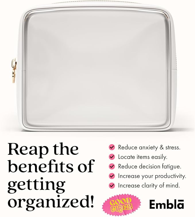 Clear Makeup Bag Zipper Pouch, Transparent Cosmetic Case Organizer, TSA Approved Travel Toiletry Case, Travel Accessories Essentials Makeup Tote for Women, Large Cute Make up Bag for Purse - White
