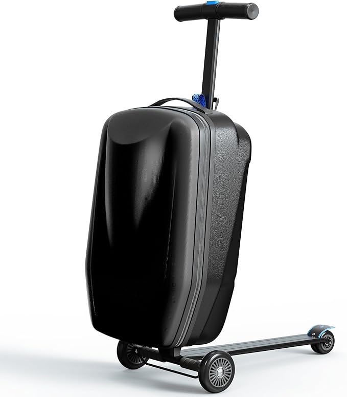 Scooter Hardshell Kids' Luggage, Foldable Carry on Kids Suitcase with Telescopic Handle for Travel, Multifunctional Ride On Lightweight Luggage with Wheels, Light Black