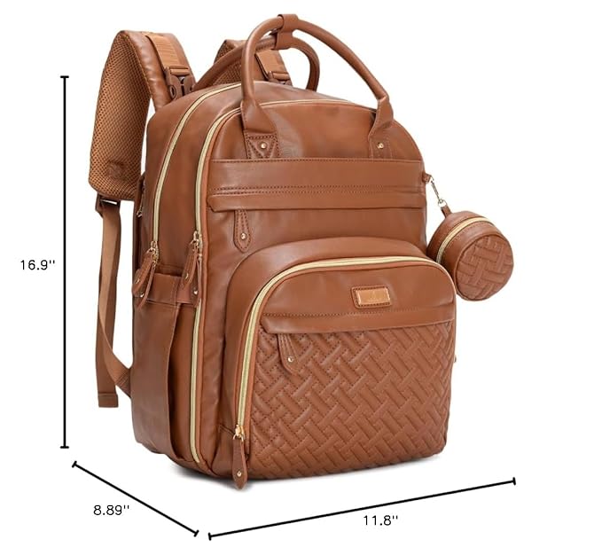 BabbleRoo Leather Diaper Bag Backpack - Baby Essentials Travel Baby Bag, Multi function, Water Resistant, with Changing Pad, Stroller Straps & Pacifier Case – Unisex, Natural Brown