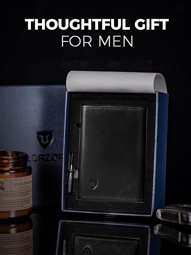 LORZOR Minimalist Wallet for Men with Credit Card Holder, Finest Full Grain Leather, Pop up Smart Wallet, Trifold Slim Wallet, RFID Blocking, Front Pocket, ID Window