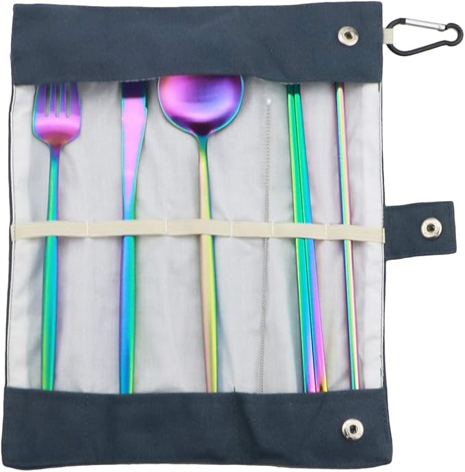 Gugrida Reusable Travel Utensils, 7 Piece Portable 304 Stainless Steel including Knife Fork Spoon Chopsticks Cleaning Brush Straws Portable Pouch, Eco-friendly Camping Silverware Set, Dishwasher Safe
