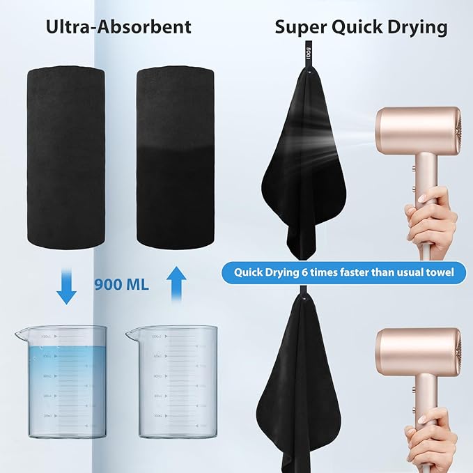 BOGI Microfiber Travel Sports Towel-Quick Dry Soft Lightweight Absorbent Compact for Camping Gym Beach Bath Yoga Swimming Backpacking (XL:72''x32''+16''x16''-Black)