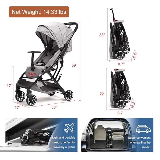 COOL KIDS Portable Stroller with Automatic Fold,Lightweight Umbrella Stroller with Pop Out Sun Canopy for Travel(Gray)