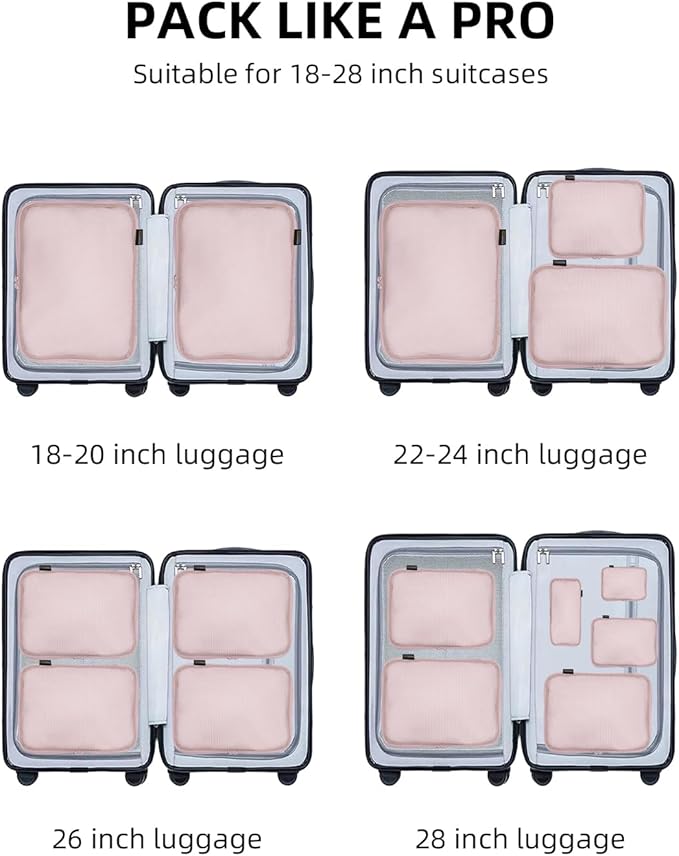 6 Set Compression Packing Cubes for Travel, Large Medium Small Luggage Organizers, Storage Bags for Clothes (6 Pack, Dusty Pink)