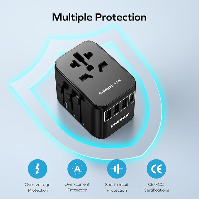 MOMAX European Travel Plug Adapter, Worldwide All in One Travel Adapter, International Power Adapter Wall Charger with 3 USB A and 1USB C Charging Ports for Travel Essentials (Type C/G/A/I)