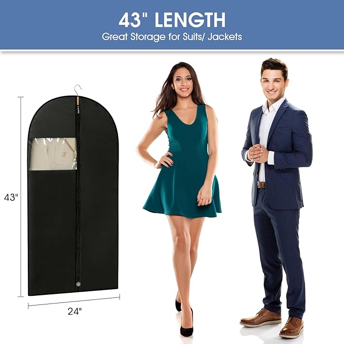 Suit Bags for Closet Storage, 43'' Garment Bags for Hanging Clothes, Suit Garment Bag, Black Suit Cover Bags with Clear Window for Coats, Jackets, Shirts(2 Packs)