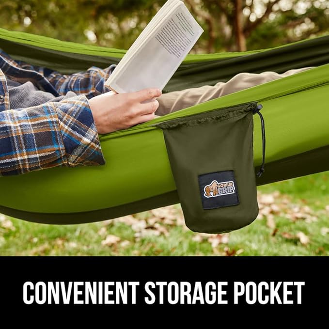 GORILLA GRIP Durable Portable Camping Hammock, Holds 500lbs with Heavy Duty Tree Straps, Comfortable Travel Swing, Camp Hammocks, Easy to Use and Install, Outdoor Essentials, Green, 10x6.5 FT