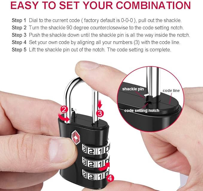 ZHEGE Luggage Locks TSA Approved, Small Padlock for Travel, Suitcase, Backpack, Laptop Bag and Handbag-Easy to Set with Alloy Body (Black)