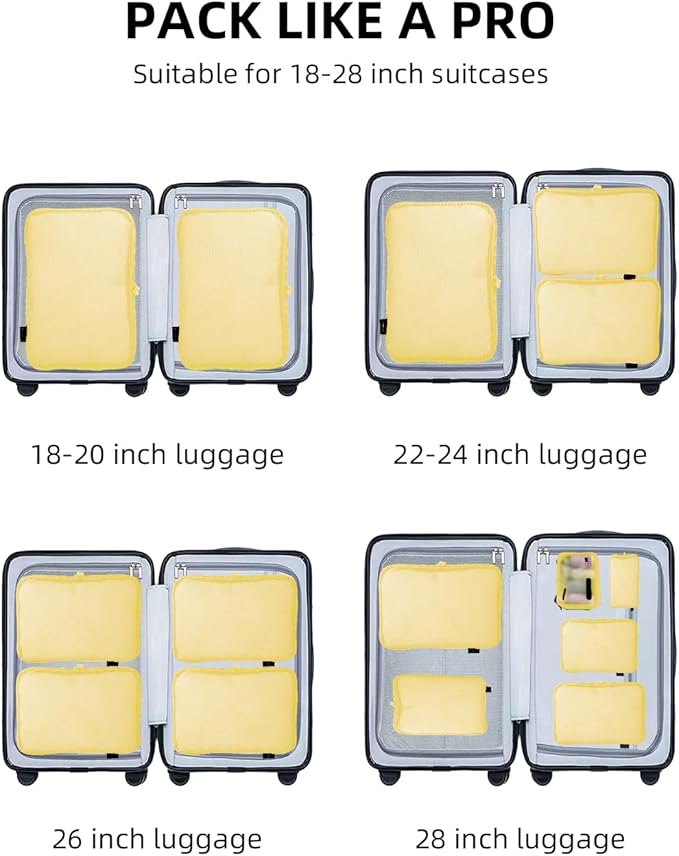 6 Set Compression Packing Cubes for Travel, Large Medium Small Luggage Organizers, Storage Bags for Clothes (6 Pack, Bright Yellow)