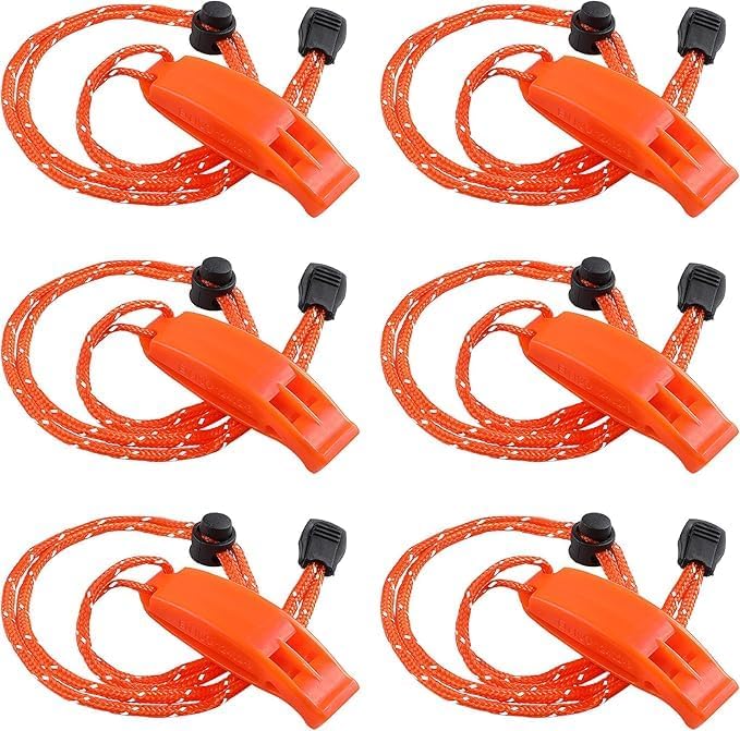 JULBEAR 6PCS Safety Survival Whistles with Adjustable Reflective Lanyard Emergency Plastic Whistle Marine Whistle