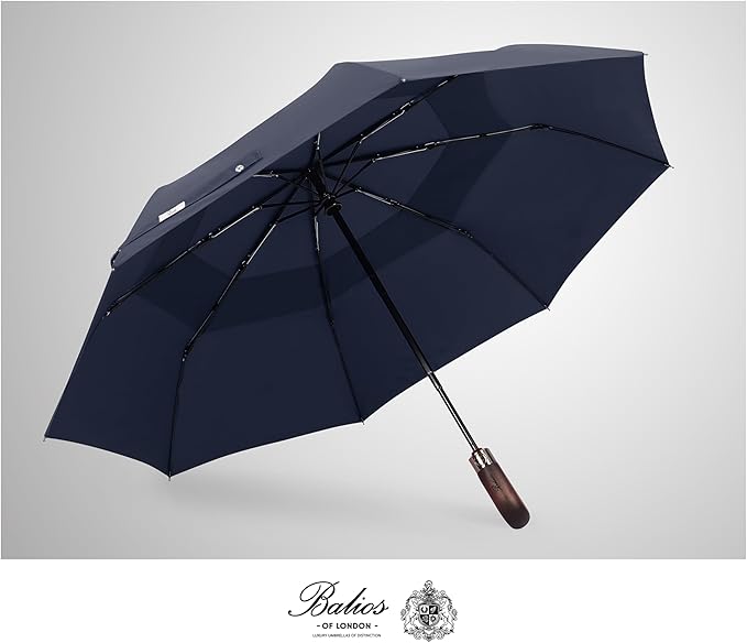 Balios Travel Folding Umbrella with Real Wood Handle Auto Open Close Vented Windproof Canopy - Designed in UK