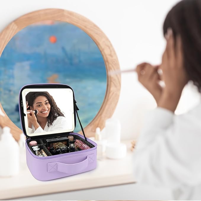 Travel Makeup Bag with LED Mirror Travel Makeup Organizer with 3 Lighted Settings, Adjustable Dividers and Makeup Brush Storage Bag Purple