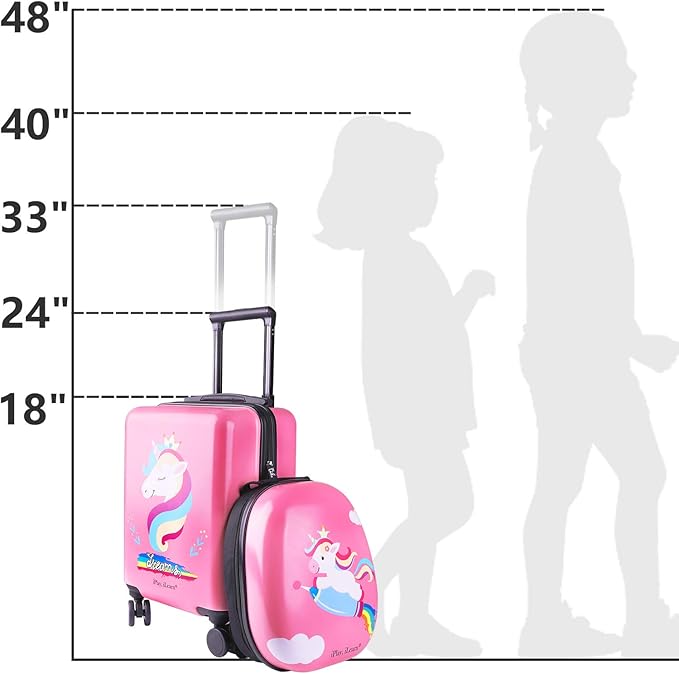 iPlay, iLearn Unicorn Kids Luggage, Girls Carry on Suitcase, 18" Hardside Travel Luggage Set W/Backpack, Toddler Rolling Luggage W/ 4 Spinner Wheels, Children Holiday Birthday Gift