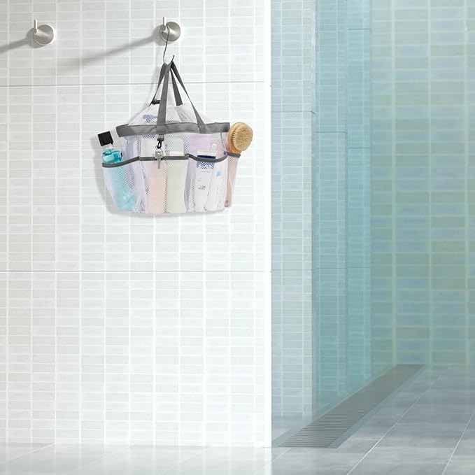F-color Mesh Shower Caddy Portable with Drawstring - Upgrade Deeper 7 Pockets Dorm Room Essentials for Guys Girls with S Hook, Shower Bag Basket Tote for College Camping Toiletry Bathroom, White