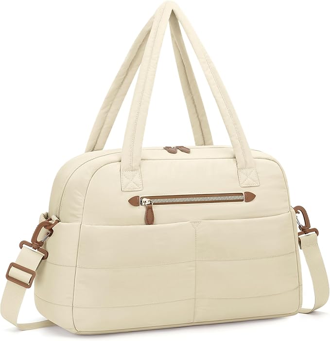 Travel Duffle Bag,Puffer Carry On Duffel Bag with Laptop Compartment Waterproof Overnight Weekender Bags for Women Large Hospital Tote Bags for Labor and Delivery(Medium,Beige)