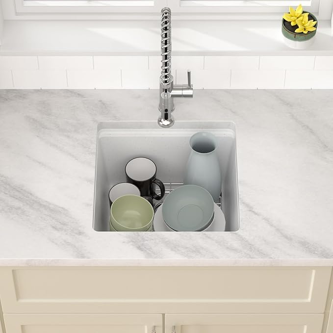 Dcolora 18 Inch Wet Bar Sink Granite Composite White Undermount Small Kitchen Sink Single Bowl With Workstation #DC-GU0001WS