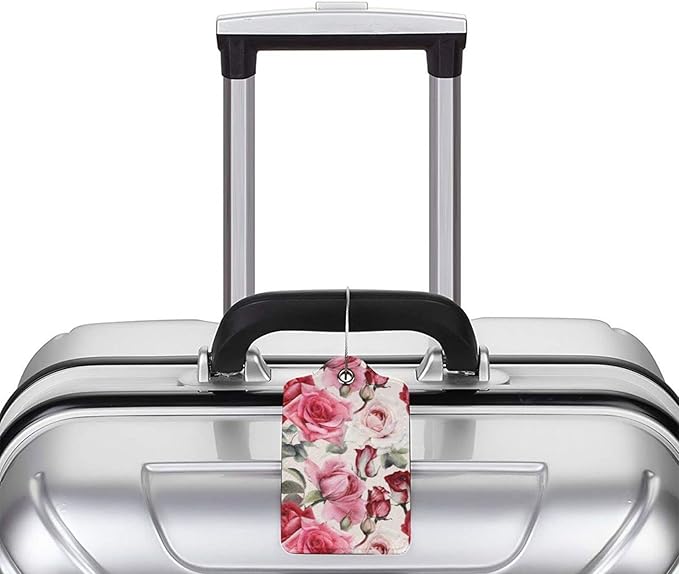 2PC Red Rose Flower Luggage Tag with Privacy Cover Id Card Stainless Steel Loop, Pink Floral Travel Baggage Identifiers Tags Luggage for Women Men Suitcase Name Labl