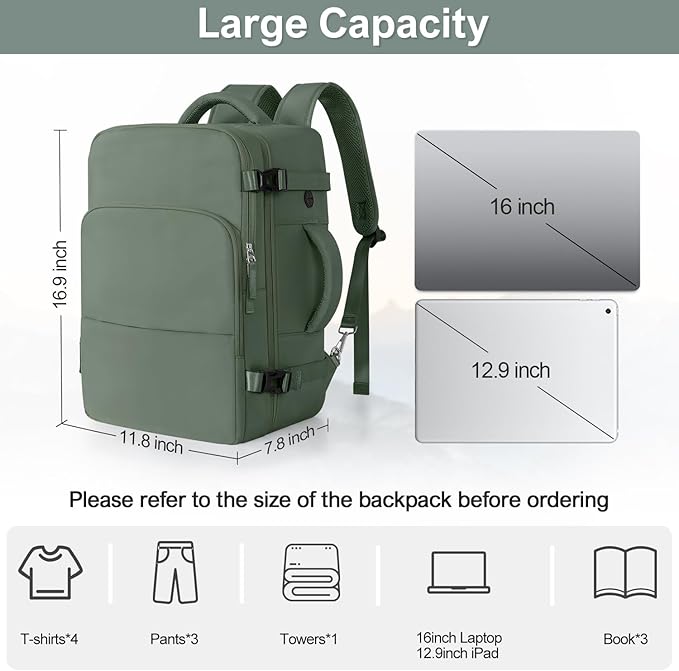Personal Item Backpack, Carry on Travel Backpack with Multi-Pockets, Waterproof Casual College 16inch Laptop Backpack for Men Women, Army Green