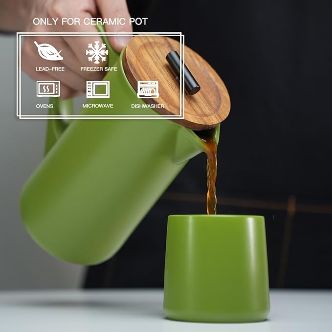 DHPO Ceramic French Press Coffee Maker, 22 Ounce Coffee Press Manual Brewer with Walnut Wood Lid, Premium Food Grade Stainless Steel Filter with Dual Screen for Coffee and Loose Tea, Gift Box, Green