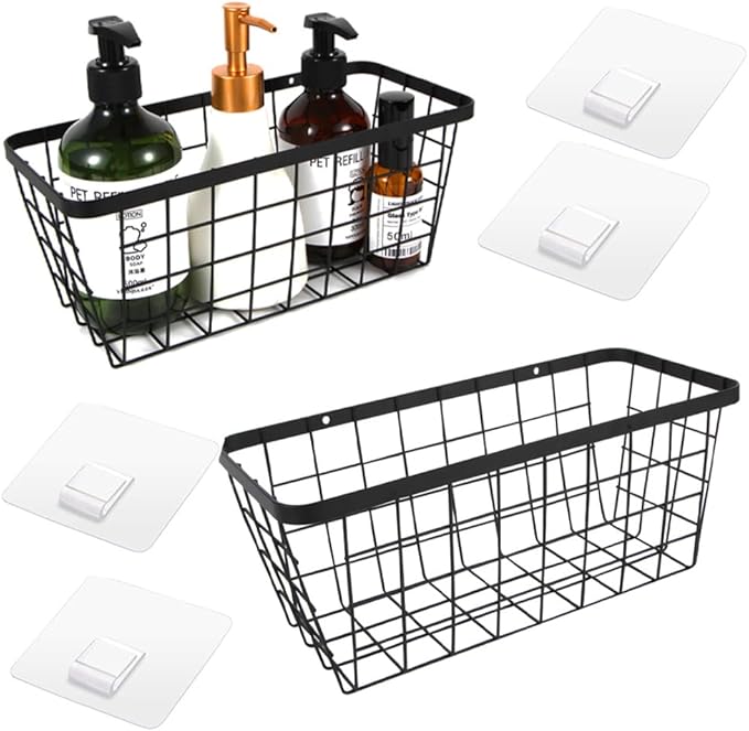2 Pack Hanging Wall Basket Organizer Over the Cabinet Door Wire Baskets for Organizing -Space-Saving Hanging Baskets for Organizing Wall Mount Storage,No Drilling Adhesive Wall Storage Basket, Black