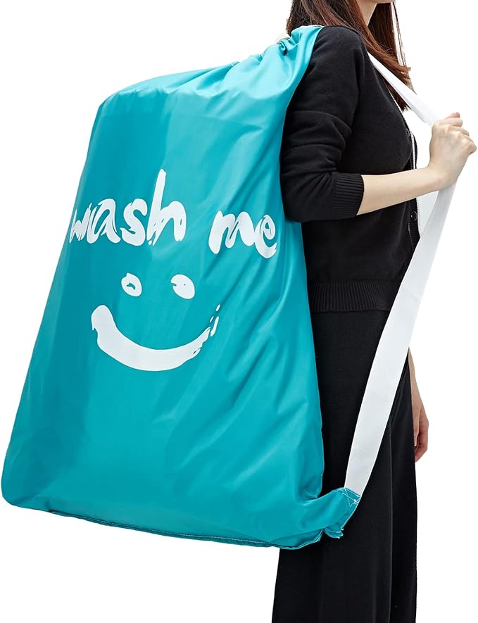 HOMEST 2 Pack XL Wash Me Travel Laundry Bag with Strap, Dirty Garments Organizer, Large Enough to Hold 4 Loads of Clothes, Easy Fit a Hamper or Clothing Basket, Azure and Blue