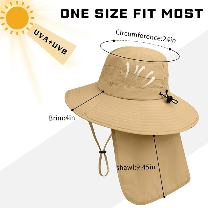 Sun Hats for Men Women, UPF50+ Protection Safari Hat,Wide Brim Fishing Hat with Neck Flap,Bucket Hats for Beach Hiking