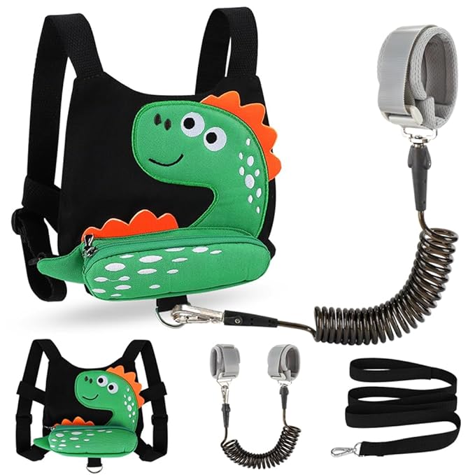 Accmor Toddler Harness Leash + Anti Lost Wrist Link, Cute Dinosaur Kids Leash Walking Harness, Baby Leashes for Toddlers, Child Harness Leash Wristband Assistant Strap Belt for Boys Girls Outdoor
