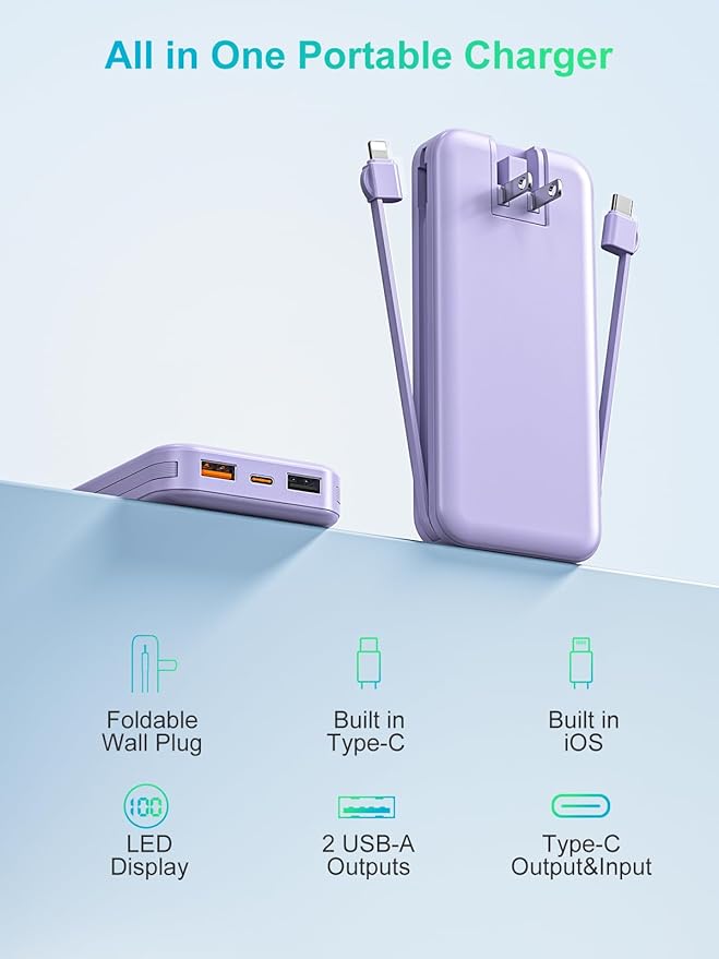 Portable Charger, 12000mAh 22.5W USB C Fast Charging Power Bank with Built-in Cables and AC Wall Plug, Smart LED Display Travel Essentials Battery Pack Compatible with iPhone, iPad, Samsung etc Purple