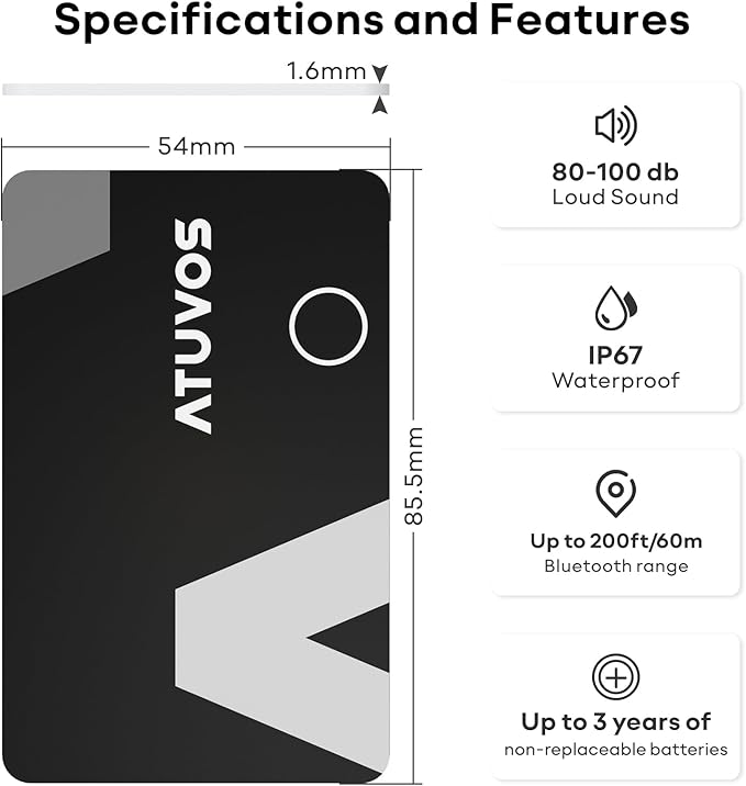 ATUVOS Wallet Tracker Finder Card, Ultra-Thin 1.6mm & 3-Year Battery, Smart Bluetooth Tracker Works with Apple Find My (iOS Only), Item Locator for Luggage Tags, Passports, IP67 Waterproof, 1 Pack