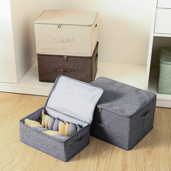 ANMINY Storage Bins with Zipper Lids 13 Qt Lidded Fabric Storage Boxes Baskets Cubes with Handles Collapsible Washable Cotton Linen Closet Shelf Clothes Organizer Containers - Gray, Small