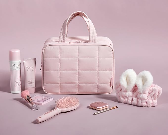 BAGSMART Travel Toiletry Bag with Jewelry Organizer, Hanging Travel Bag for Toiletries, Puffy Makeup Cosmetic Bag Organizer, Carry-on Travel Accessories Essentials, Pink-M