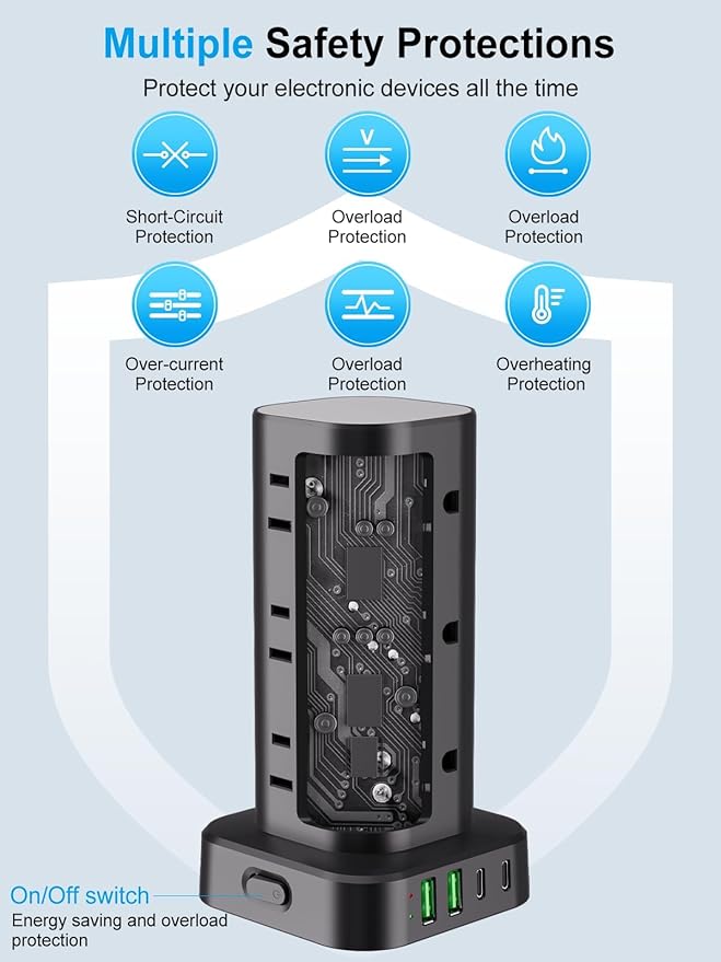 Power Strip Tower with Multiple Outlets, Flat Plug Surge Protector Tower Extension Cord with 12 AC Outlets 4 USB Ports (2 USB C), 15FT Cord Power Tower Surge Protector for Home Office Dorm Room, Black