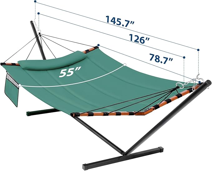 TegerDeger 12FT 2 Person Hammock with Stand Included 55 x 79IN Large Hammock 450LB Capacity with Hardwood Spreader Bar & Nylon Rope for Outside, Patio, Garden, Backyard, Beach, Poolside - Lake Blue