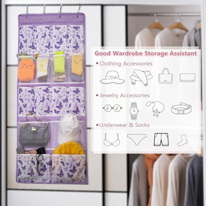 Over the Door Storage Organizer with 4 Kind of Pockets,Hanging Organizer for Shoes,Sock,Hat,Underwear,Handbag,Hair Tools,Cosmetics,Toiletry,Hanging Shelf Behind Door of Bathroom,Closet,Entrance,Purple