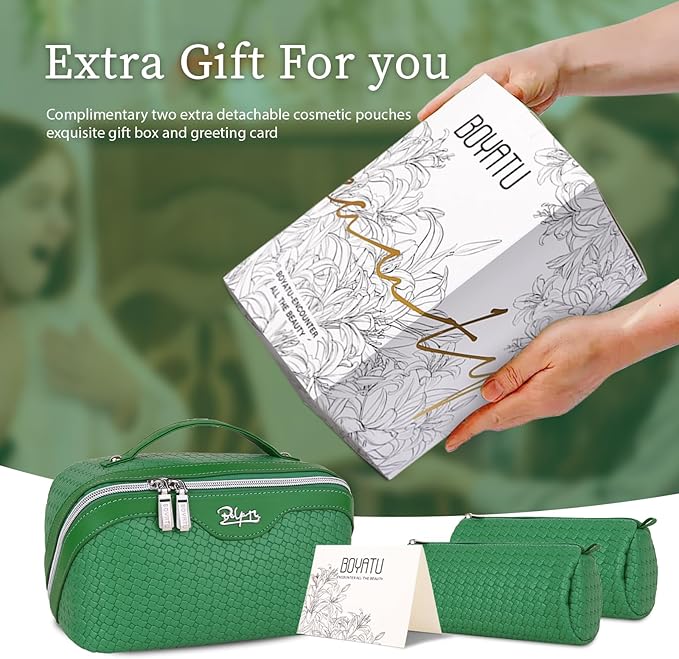 BOYATU Travel Makeup Bags for Women: Large Cosmetic Organizer Bag - Vegan Leather Make up Bag Set of 3 - Protable Toiletry Bags with Compartments (L19 Green)