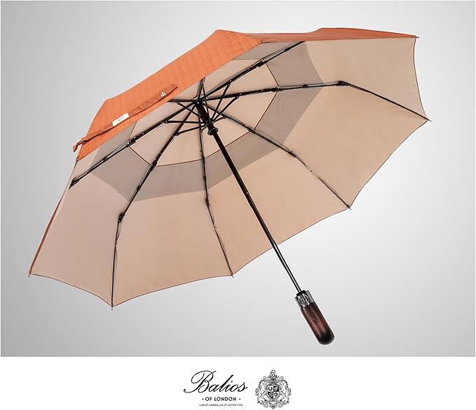 Balios Travel Folding Umbrella with Real Wood Handle Auto Open Close Vented Windproof Canopy - Designed in UK