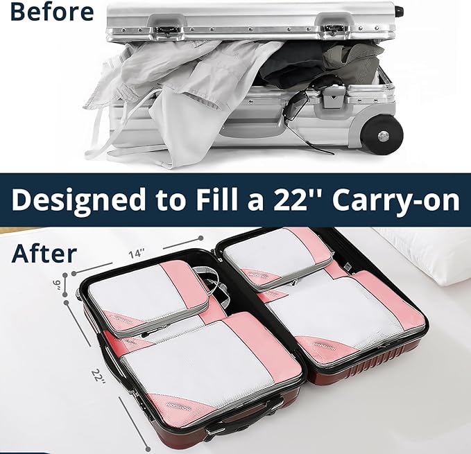 Compression Packing Cubes 6 Set, Compressible Space-Saving Packing Cubes for Travel - Compression Bags, Luggage Organizer, Travel Essentials for Women, Pink