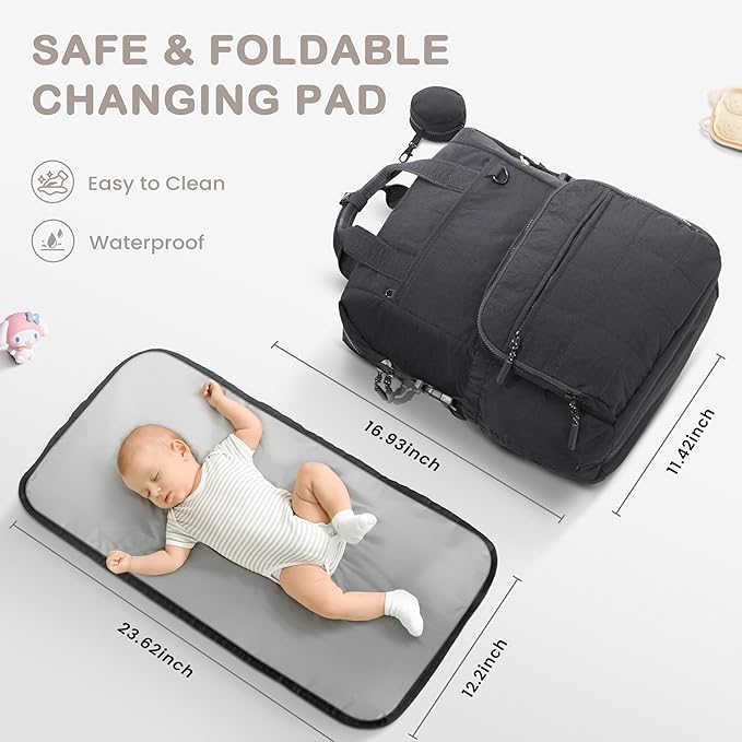 VONAL Diaper Bag Backpack, Lightweight Baby Diaper Bags, Travel Large Diaper Bag with Changing Station, Black Diaper Backpack for Boys Girls Newborn with Insulated Pockets, Stroller Straps