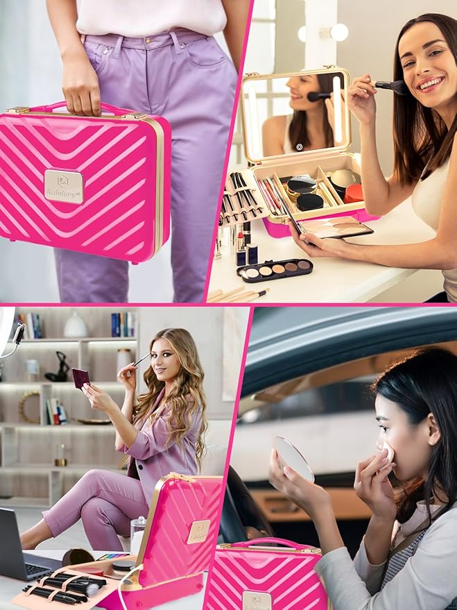 Kalolary Travel Makeup Train Cases with Lighted Mirror 3 Color Setting, Makeup Bag Cosmetic Case Organizer Adjustable Brightness Portable Makeup Storage Box with Detachable 5X Magnifying Mirror, Pink